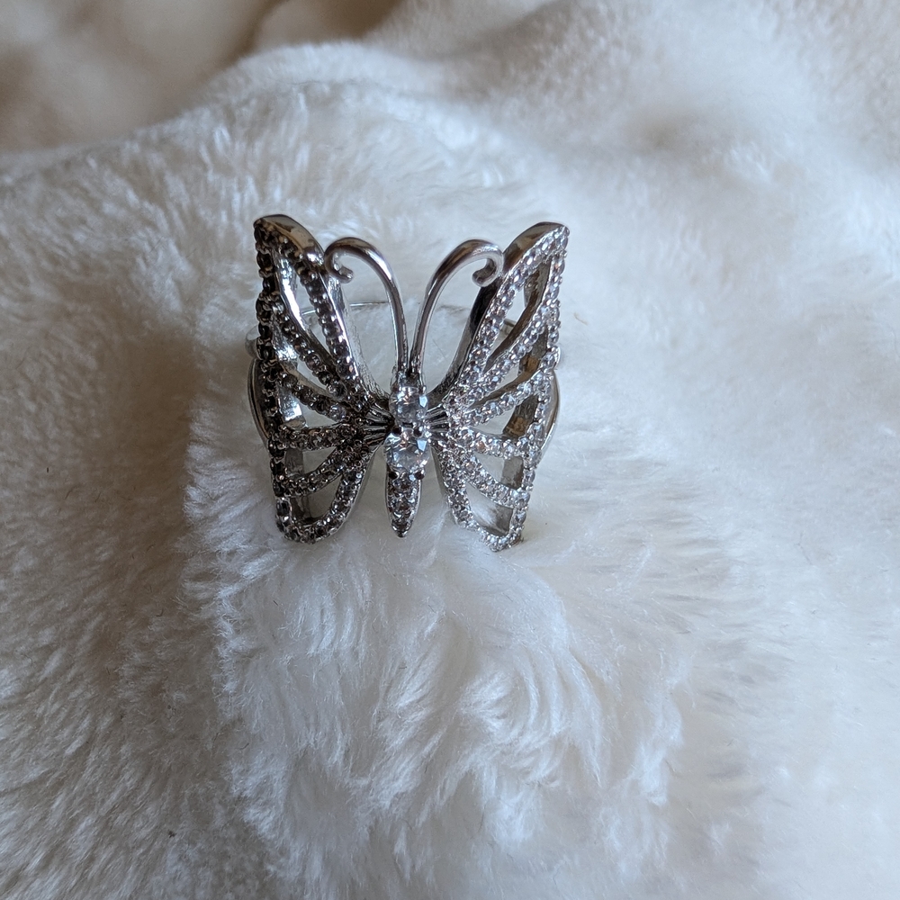 Silver Tone Butterfly Statement Ring Clear Cz Pav… - image 2